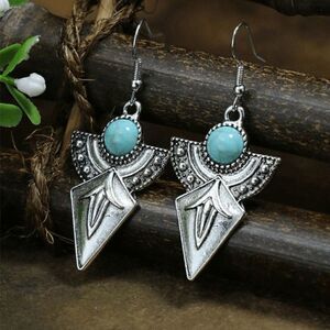 SILVER TURQUOISE WESTERN TRIBAL BOHO GEOMETRIC DANGLE EARRINGS